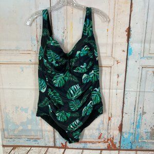 Yonique One-Piece Swimsuit Tropical Leaves Print Womens Size 16W Gathered Bra